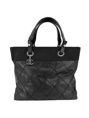 Chanel Tote Paris Biarritz MM Handbag CC Logo Shoulder CC Leather Black Silver
